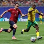 South Africa's Teboho Mokoena celebrates after converting a penalty against the Czech Republic at the FIFA World Cup.