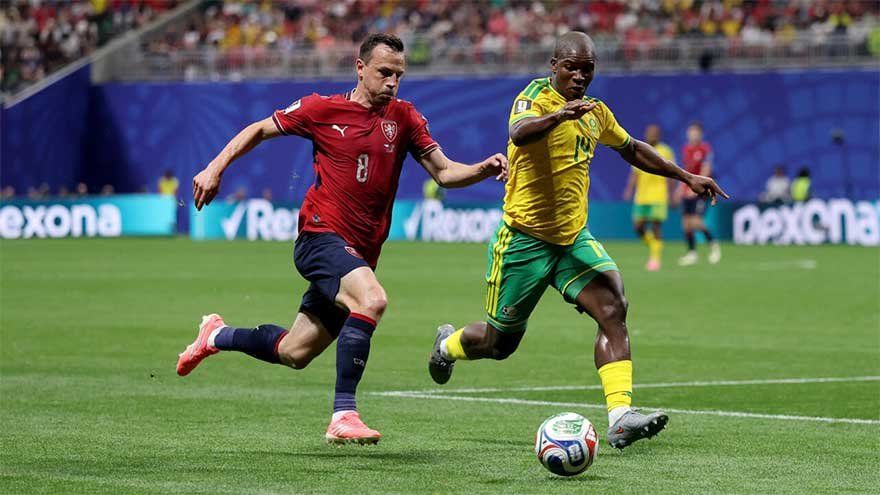 South Africa's Teboho Mokoena celebrates after converting a penalty against the Czech Republic at the FIFA World Cup.