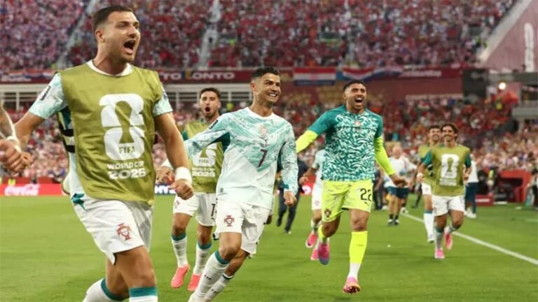 Goncalo Ramos celebrates Portugal's stoppage-time goal against Croatia at the World Cup.