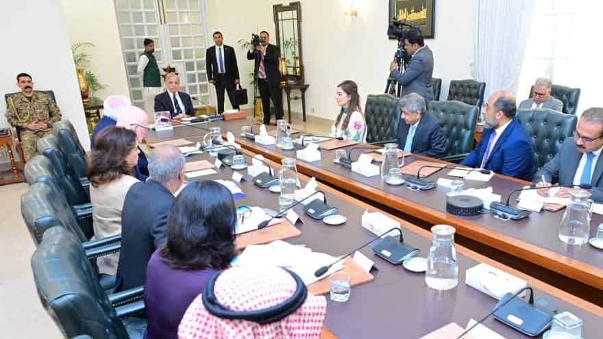 Prime Minister Shehbaz Sharif holds a meeting with the Polio Oversight Board delegation at the Prime Minister's House in Islamabad.