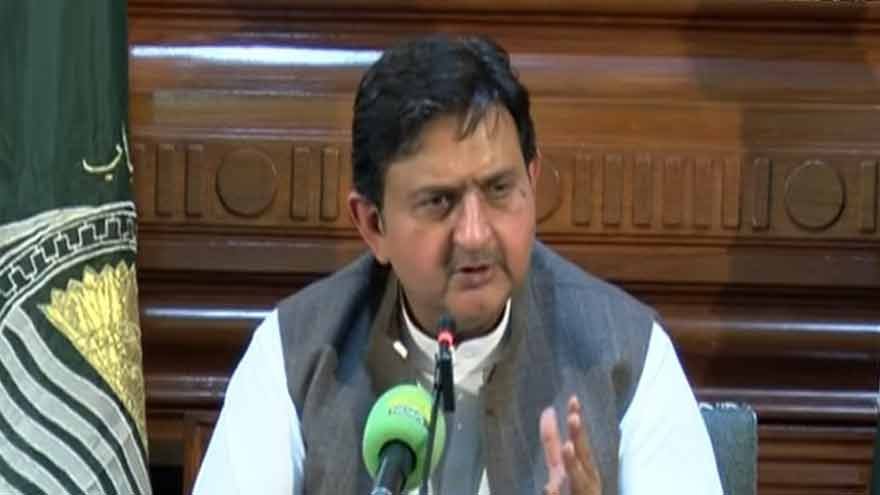 Punjab Assembly Speaker Malik Muhammad Ahmad Khan speaking during a press conference in Lahore.