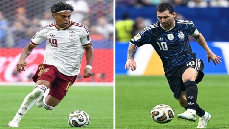Argentina and Spain players ahead of the FIFA World Cup Final featuring Lionel Messi.