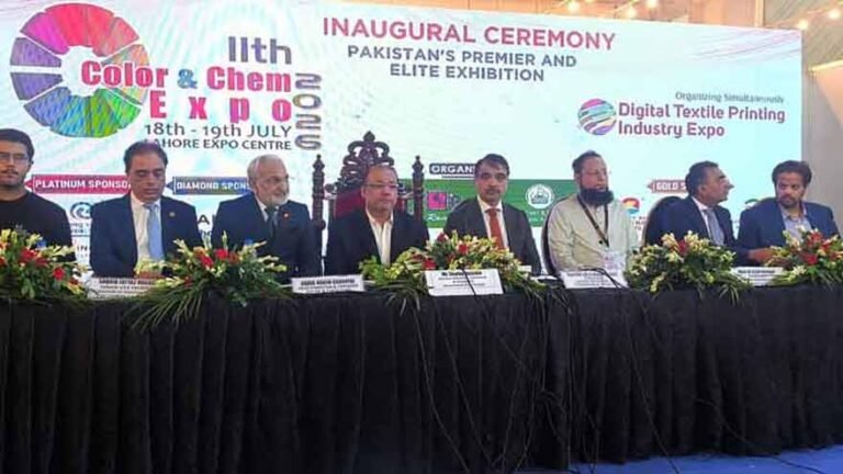 Punjab Industries Minister Shafay Hussain visits exhibitors during the Colour & Chem Expo 2026 in Lahore.