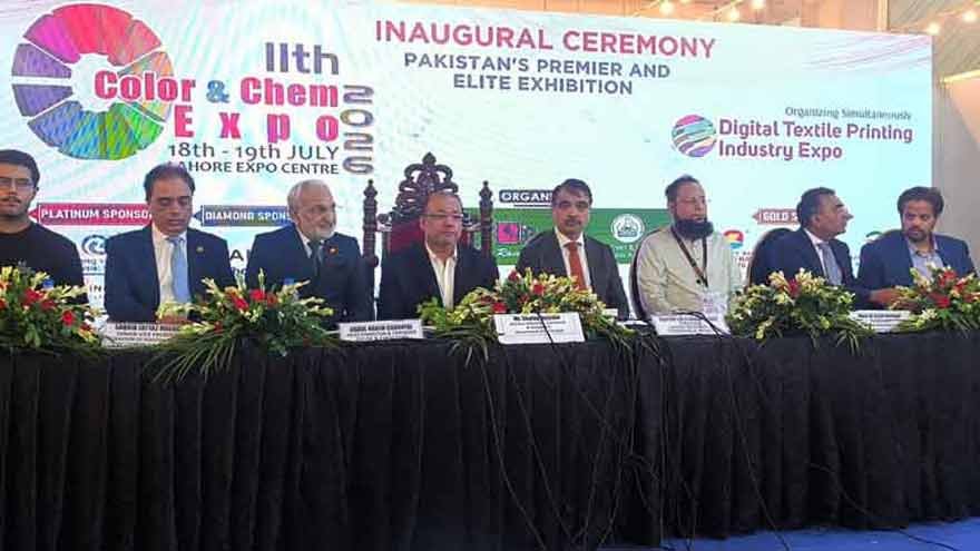 Punjab Industries Minister Shafay Hussain visits exhibitors during the Colour & Chem Expo 2026 in Lahore.