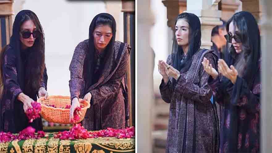 Bibi Asifa Bhutto Zardari and Sassi Bhutto offering prayers at the shrine of Mir Shahnawaz Bhutto in Garhi Khuda Bakhsh.