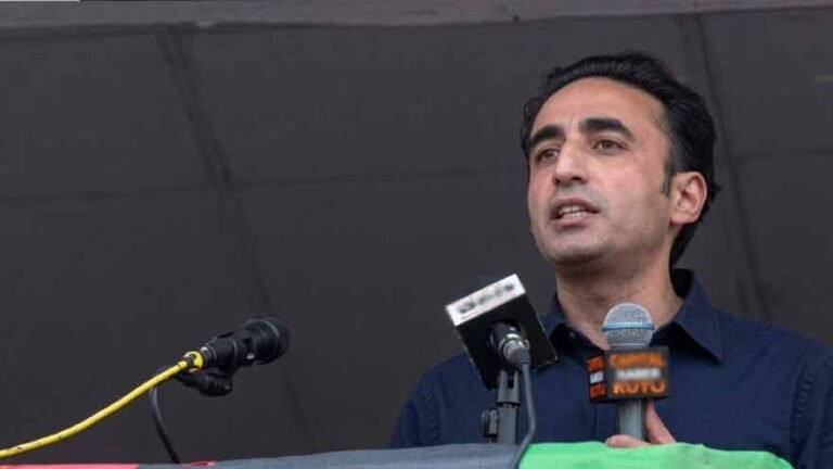 PPP Chairman Bilawal Bhutto Zardari speaking to supporters during an election rally in Kotli, Azad Jammu and Kashmir.