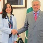 Pakistan's Ishaq Dar meets Canadian Foreign Minister Anita Anand during official talks in Islamabad.