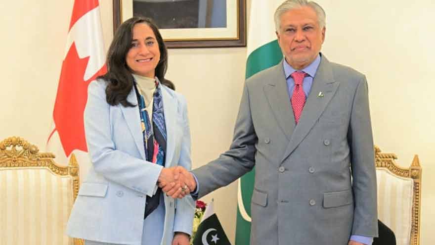 Pakistan's Ishaq Dar meets Canadian Foreign Minister Anita Anand during official talks in Islamabad.