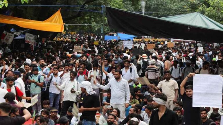 Students protest in New Delhi after Narendra Modi announced fast-track courts to tackle exam paper leaks.