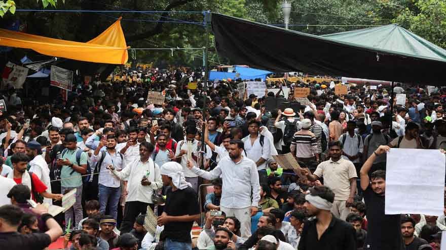 Students protest in New Delhi after Narendra Modi announced fast-track courts to tackle exam paper leaks.