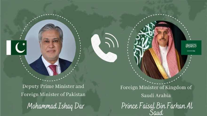 Pakistan's Deputy Prime Minister Ishaq Dar during diplomatic engagements with Saudi and Iranian foreign ministers on regional security and cooperation.