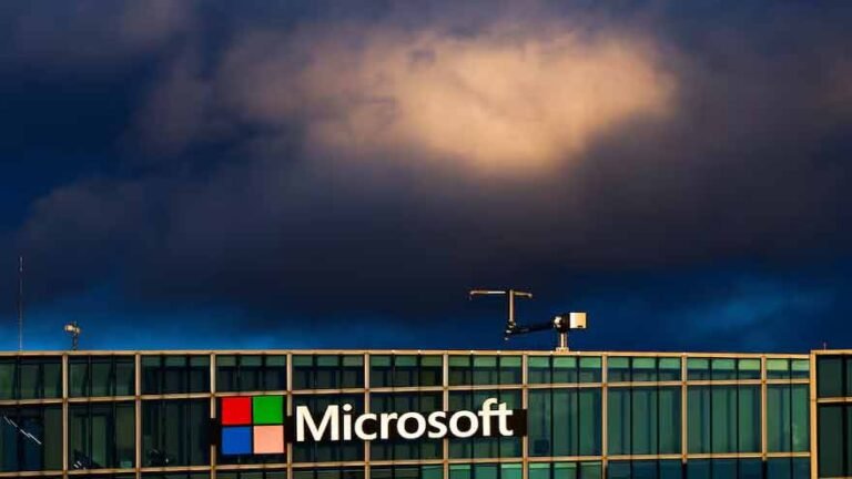 Microsoft logo displayed with cloud computing and artificial intelligence graphics representing strong Azure growth.