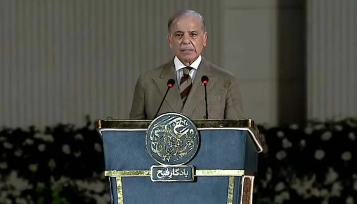 Prime Minister Shehbaz Sharif addresses the Yadgar-e-Fatah inauguration ceremony in Islamabad.