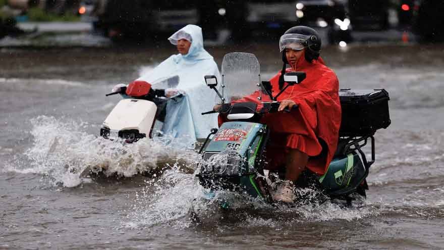 Flooded road in China after a powerful typhoon brings heavy rainfall and rising water levels