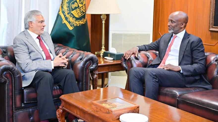 Ishaq Dar receives UN Resident Coordinator Mohamed Yahya during a farewell meeting in Islamabad.