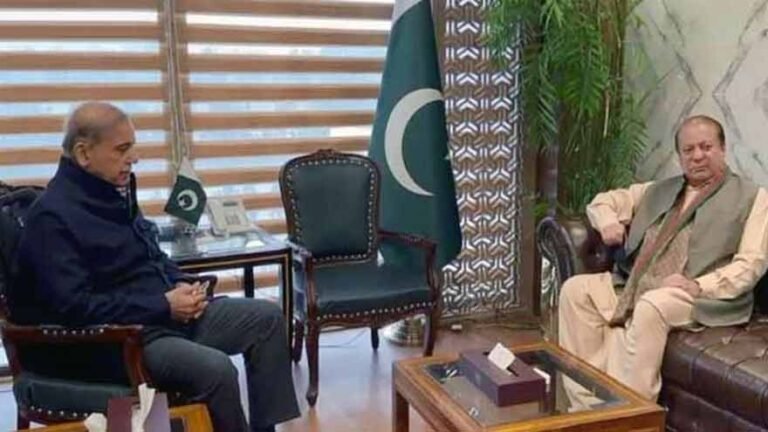 Shehbaz Sharif and Nawaz Sharif during a political meeting in Lahore.