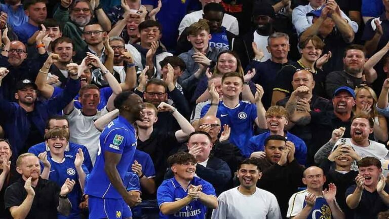Chelsea striker Danny Welbeck scores against Luton Town in the League Cup.