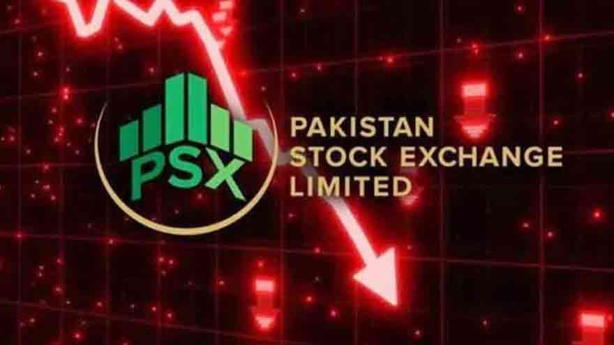 Pakistan Stock Exchange trading floor as KSE-100 index falls amid global market uncertainty.