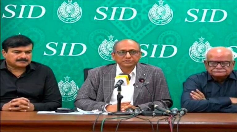 Sindh Minister Saeed Ghani speaking at a press conference in Karachi about provincial matters.