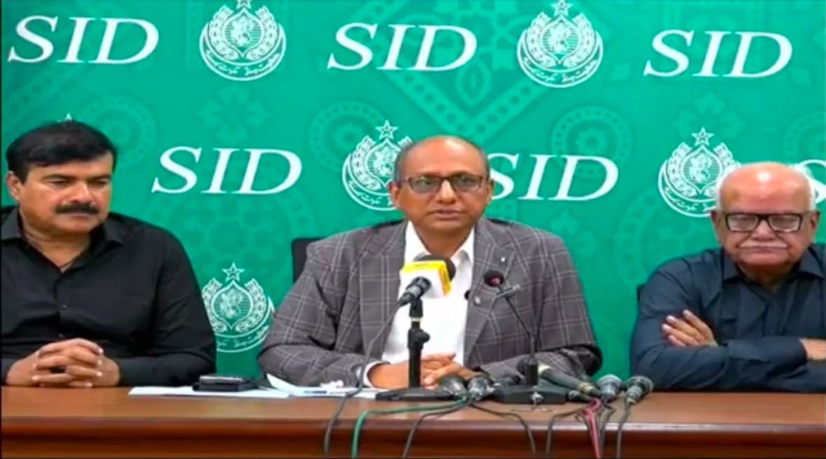 Sindh Minister Saeed Ghani speaking at a press conference in Karachi about provincial matters.