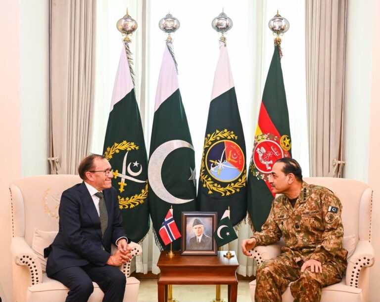 Field Marshal Asim Munir meeting Norwegian Foreign Minister Espen Barth Eide at General Headquarters in Rawalpindi