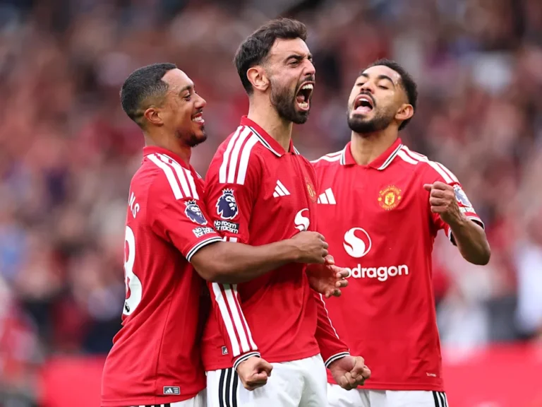 Bruno Fernandes celebrates his hat-trick during Manchester United's 5-2 win over Ipswich Town at Old Trafford.