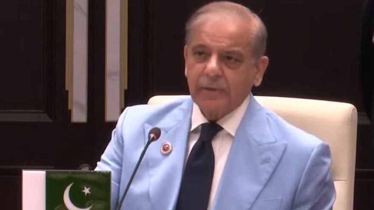 Prime Minister Shehbaz Sharif speaking at the Shanghai Cooperation Organisation summit in Bishkek.