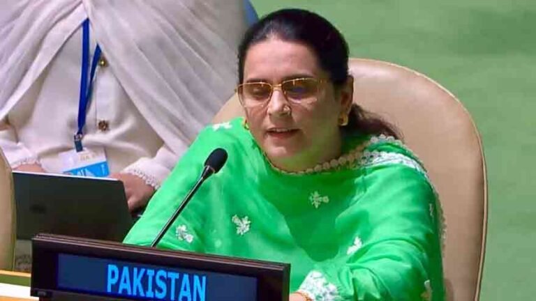 Pakistan UN representative Saima Saleem speaking at the United Nations General Assembly
