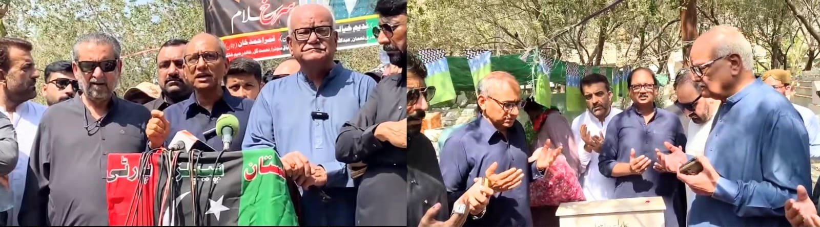 Karsaz Tragedy remembrance as Saeed Ghani and PPP leaders visit victims’ graves at Azam Basti graveyard in Karachi.